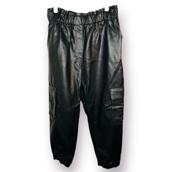 Miss Selfridge High Waisted Faux Leather Cargo Trousers Black 12 - Picture 1 of 8